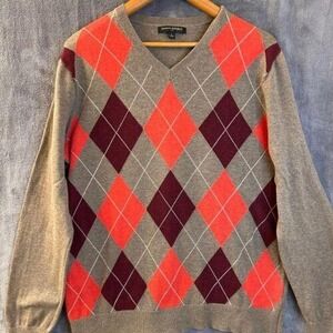 Banana Republic Mens‎ Large Argyle V-Neck Sweater Grey Orange Burgundy